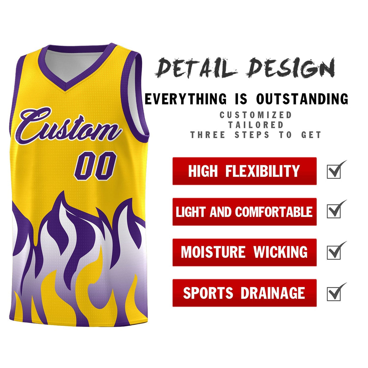Custom Yellow Purple Hem Flame Pattern Fashion Sports Uniform Basketball Kits