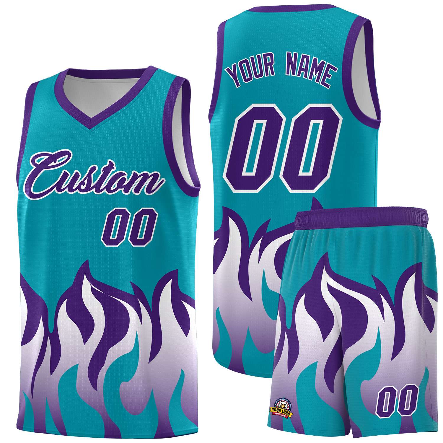 Custom Aqua Purple Hem Flame Pattern Fashion Sports Uniform Basketball Kits