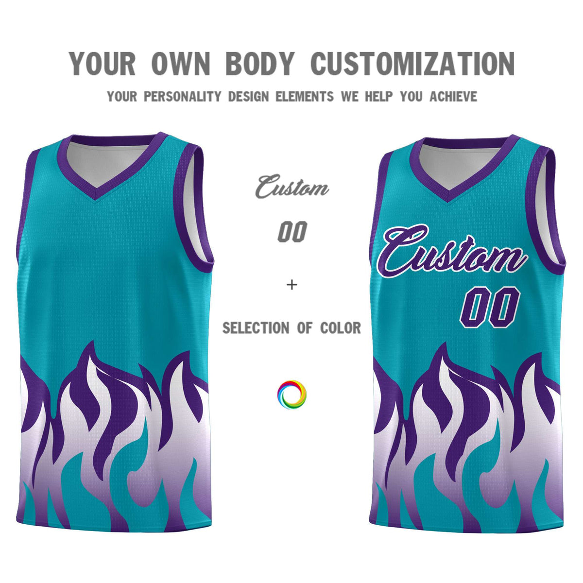Custom Aqua Purple Hem Flame Pattern Fashion Sports Uniform Basketball Kits
