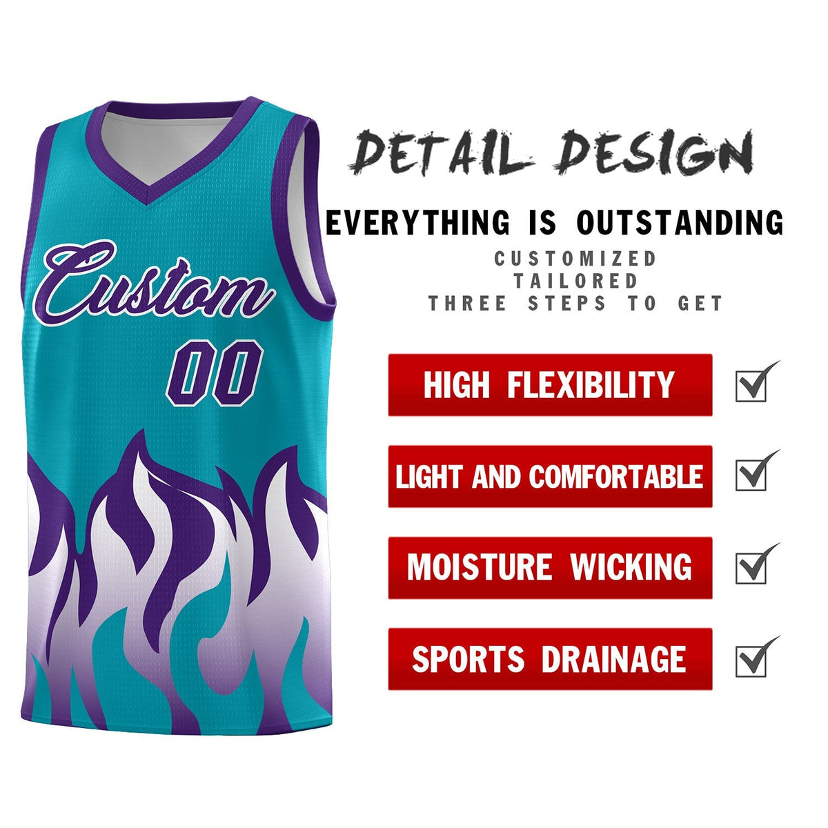 Custom Aqua Purple Hem Flame Pattern Fashion Sports Uniform Basketball Kits
