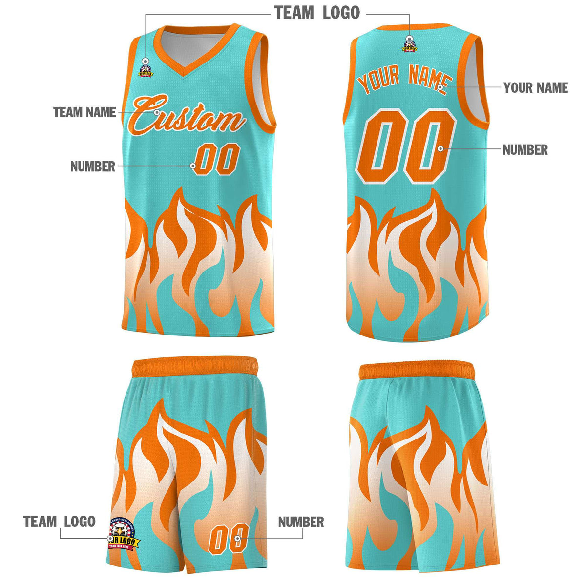 Custom Bright Green Orange Hem Flame Pattern Fashion Sports Uniform Basketball Kits