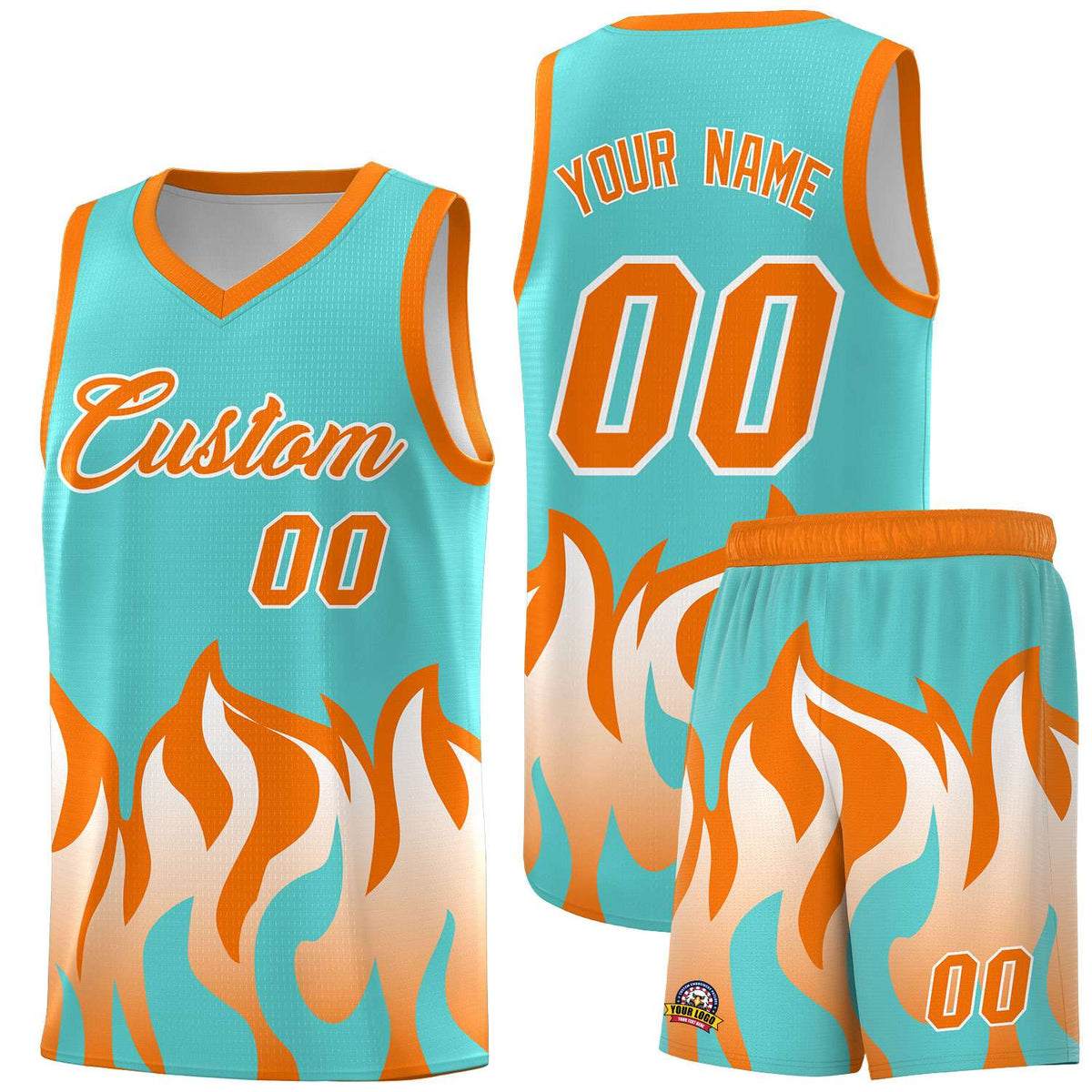 Custom Bright Green Orange Hem Flame Pattern Fashion Sports Uniform Basketball Kits
