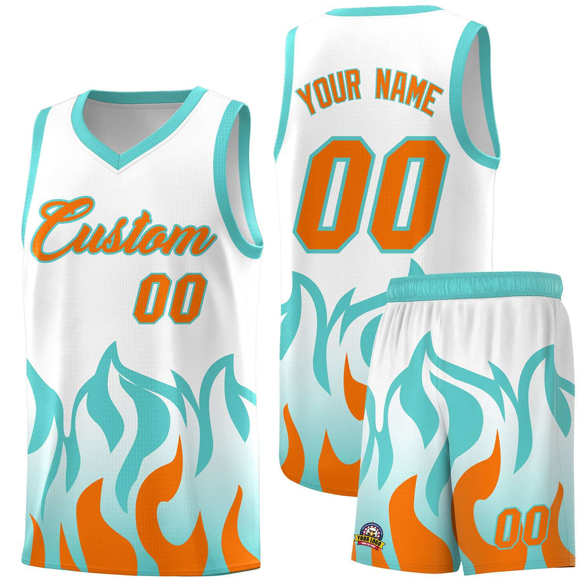 Custom White Orange Hem Flame Pattern Fashion Sports Uniform Basketball Kits
