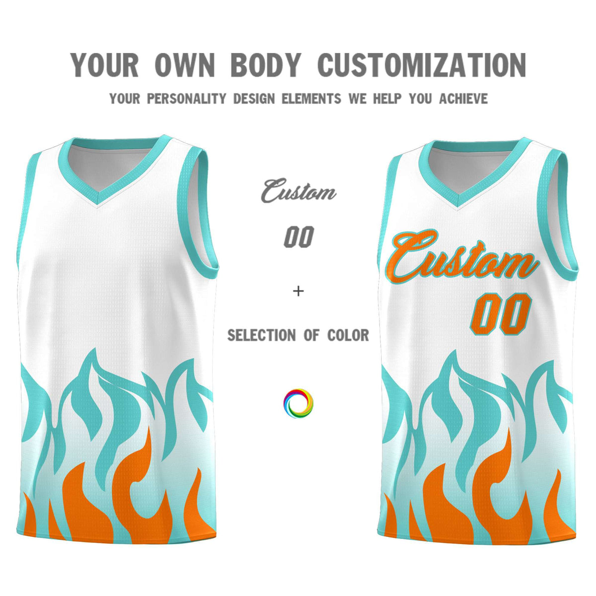 Custom White Orange Hem Flame Pattern Fashion Sports Uniform Basketball Kits