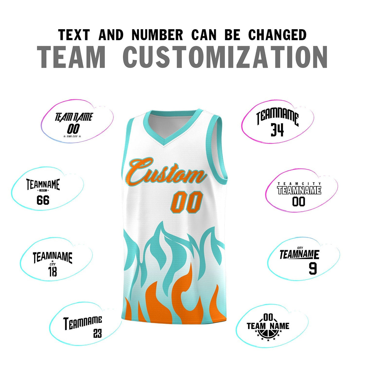 Custom White Orange Hem Flame Pattern Fashion Sports Uniform Basketball Kits
