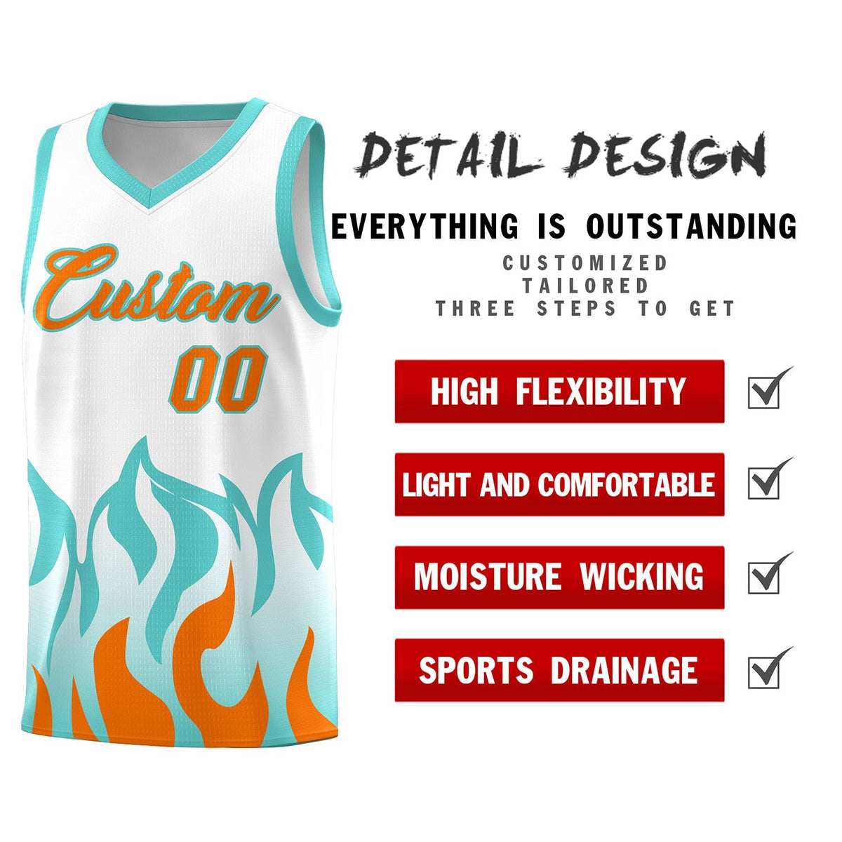 Custom White Orange Hem Flame Pattern Fashion Sports Uniform Basketball Kits