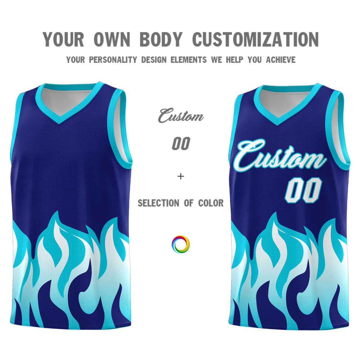 Custom Royal Sky Blue Hem Flame Pattern Fashion Sports Uniform Basketball Kits