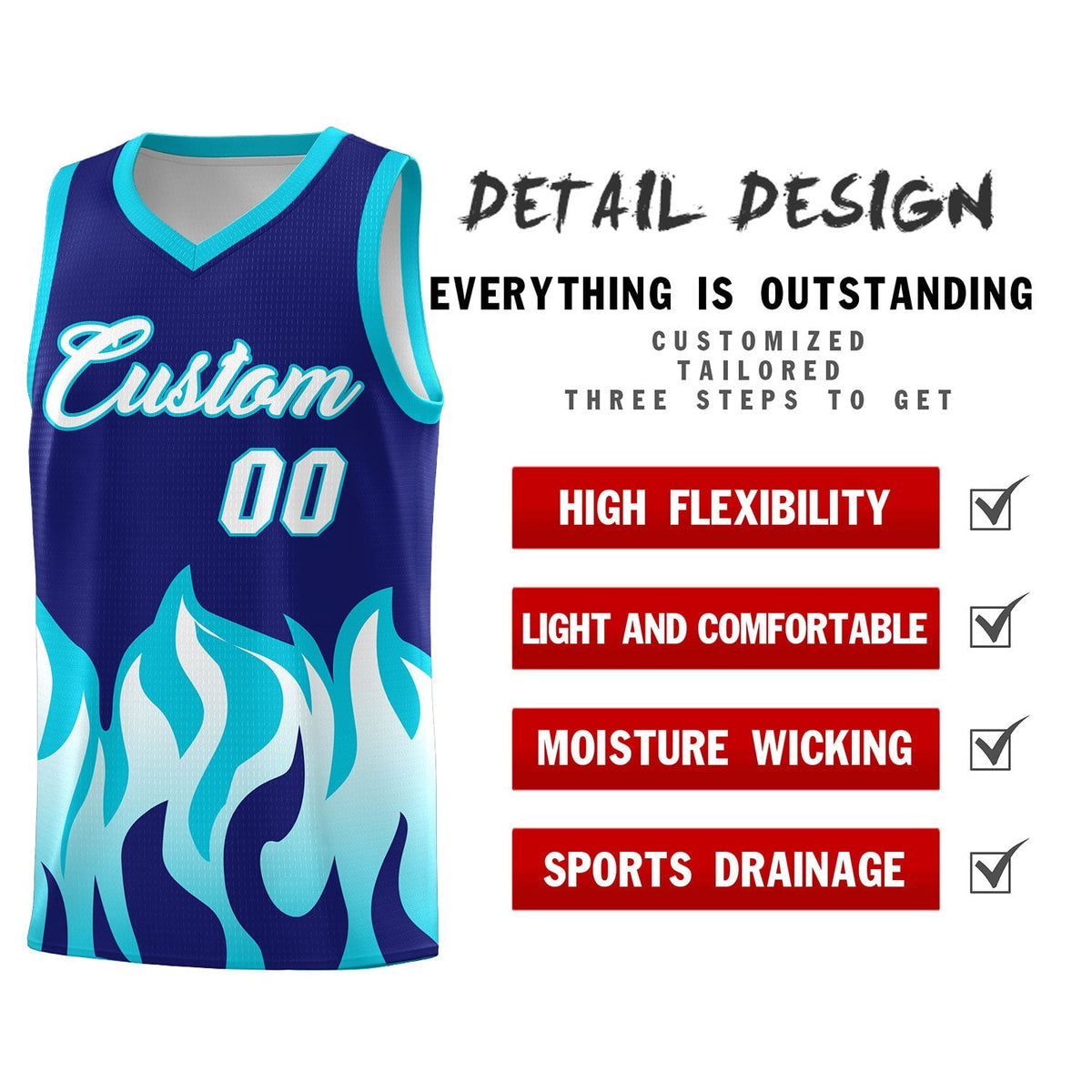 Custom Royal Sky Blue Hem Flame Pattern Fashion Sports Uniform Basketball Kits