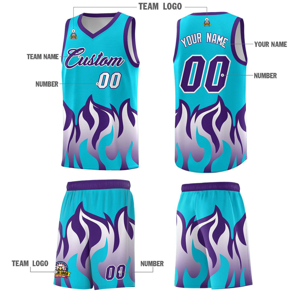 Custom Sky Blue Purple Hem Flame Pattern Fashion Sports Uniform Basketball Kits