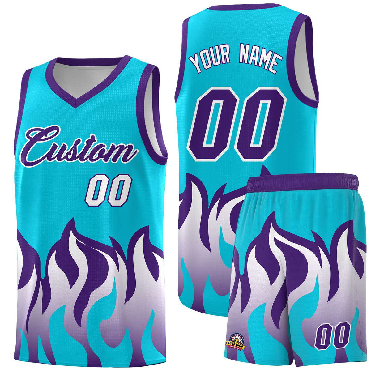 Custom Sky Blue Purple Hem Flame Pattern Fashion Sports Uniform Basketball Kits