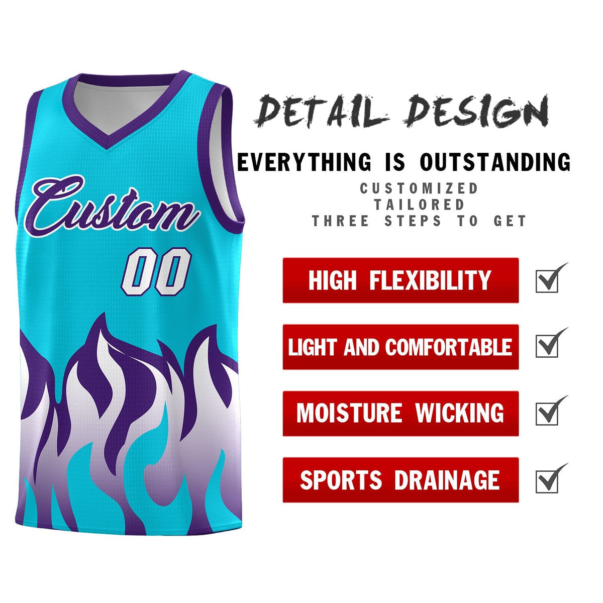 Custom Sky Blue Purple Hem Flame Pattern Fashion Sports Uniform Basketball Kits