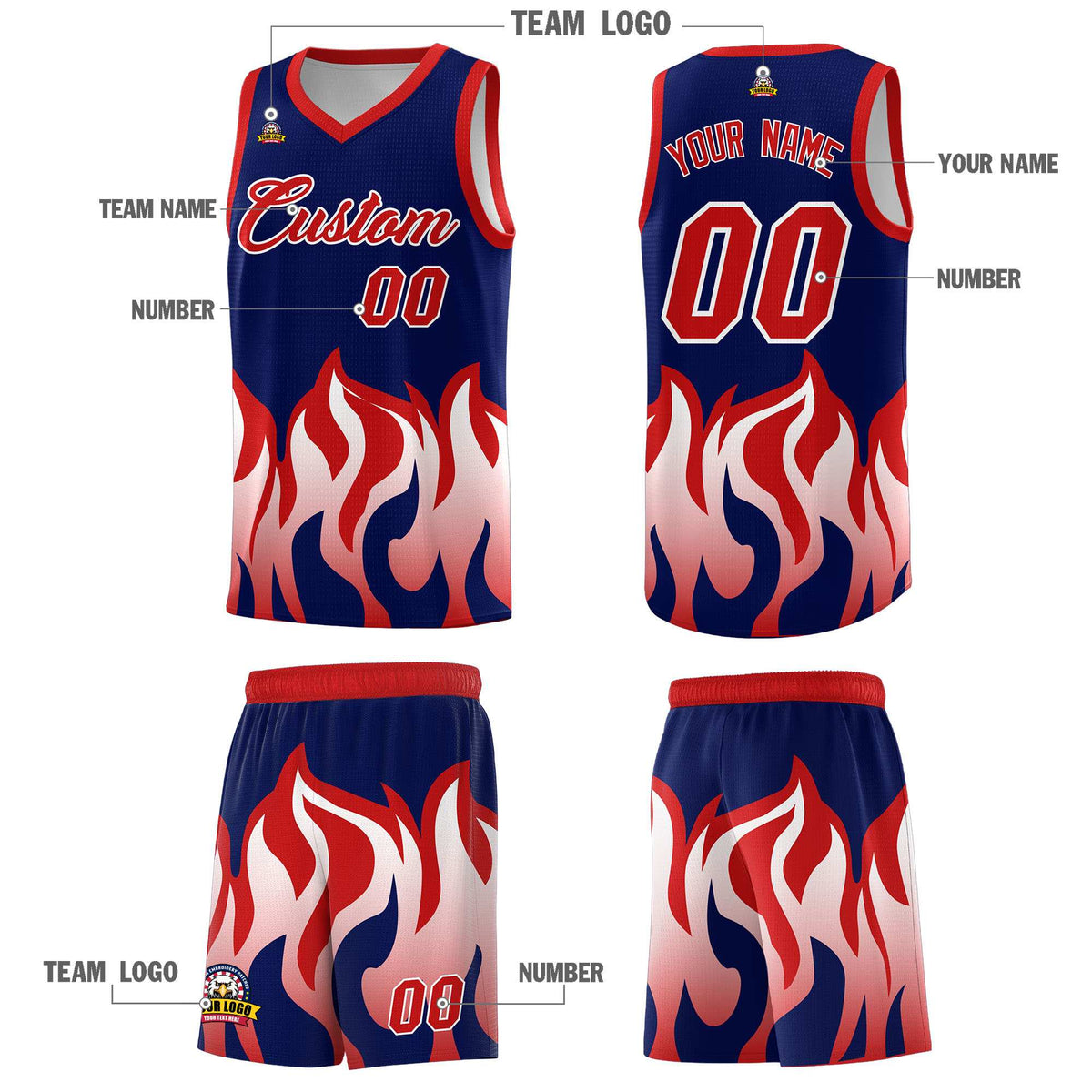 Custom Navy Red Hem Flame Pattern Fashion Sports Uniform Basketball Kits