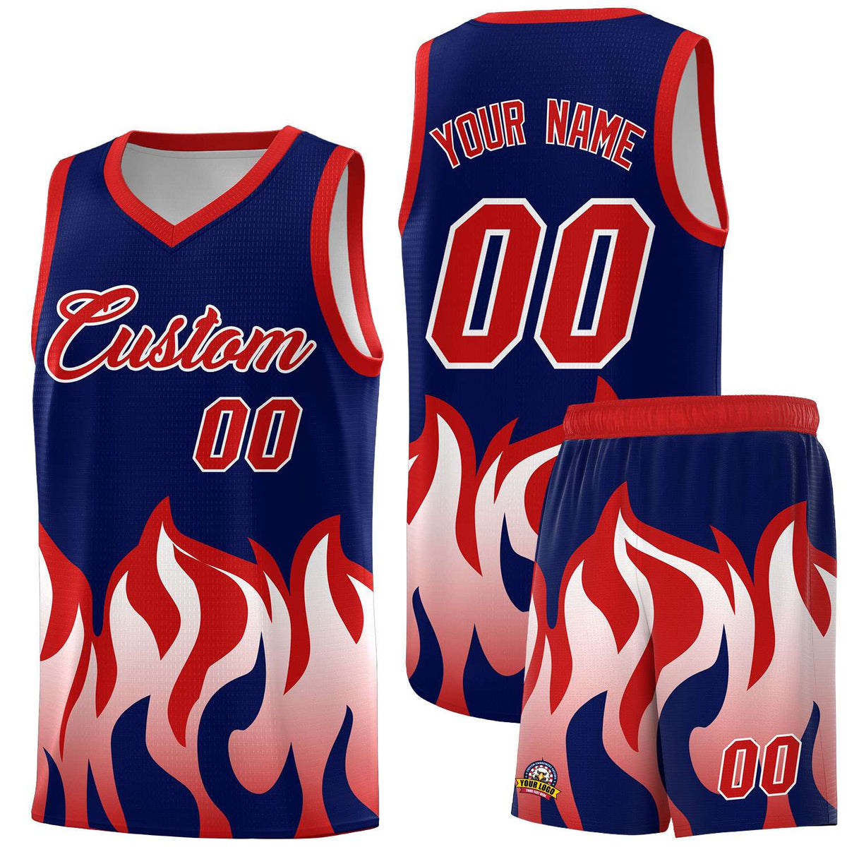 Custom Navy Red Hem Flame Pattern Fashion Sports Uniform Basketball Kits