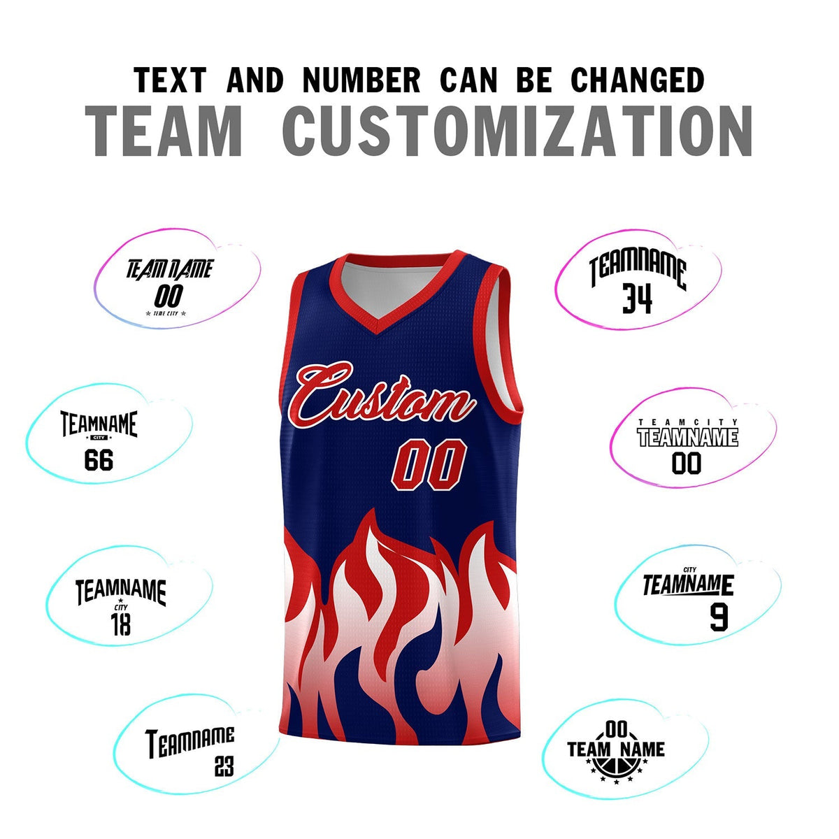 Custom Navy Red Hem Flame Pattern Fashion Sports Uniform Basketball Kits
