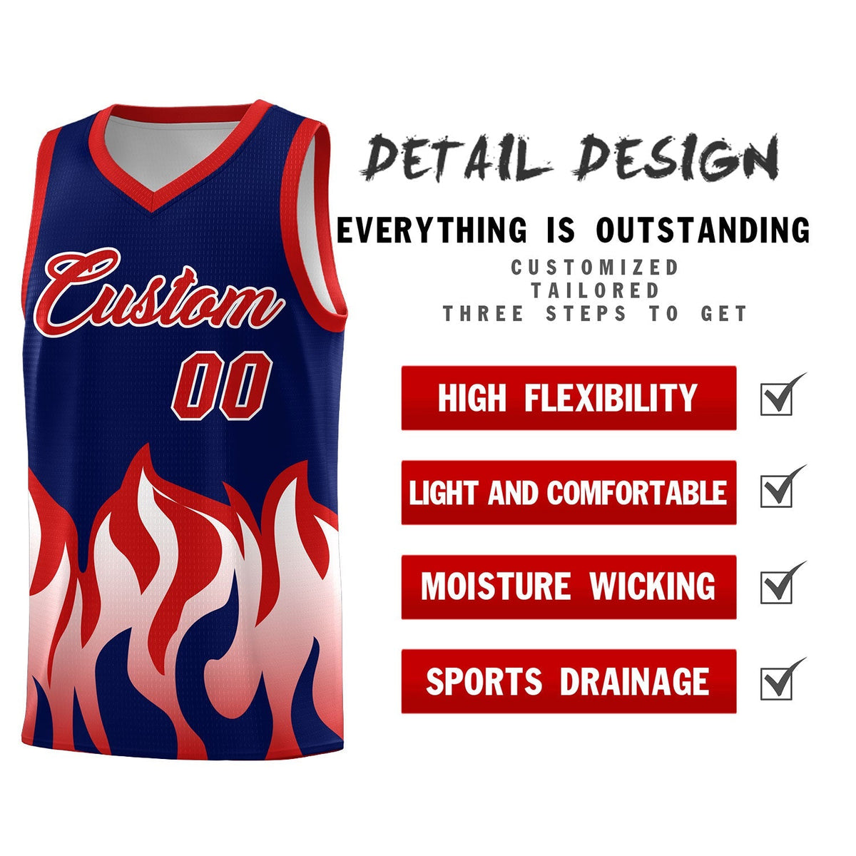 Custom Navy Red Hem Flame Pattern Fashion Sports Uniform Basketball Kits
