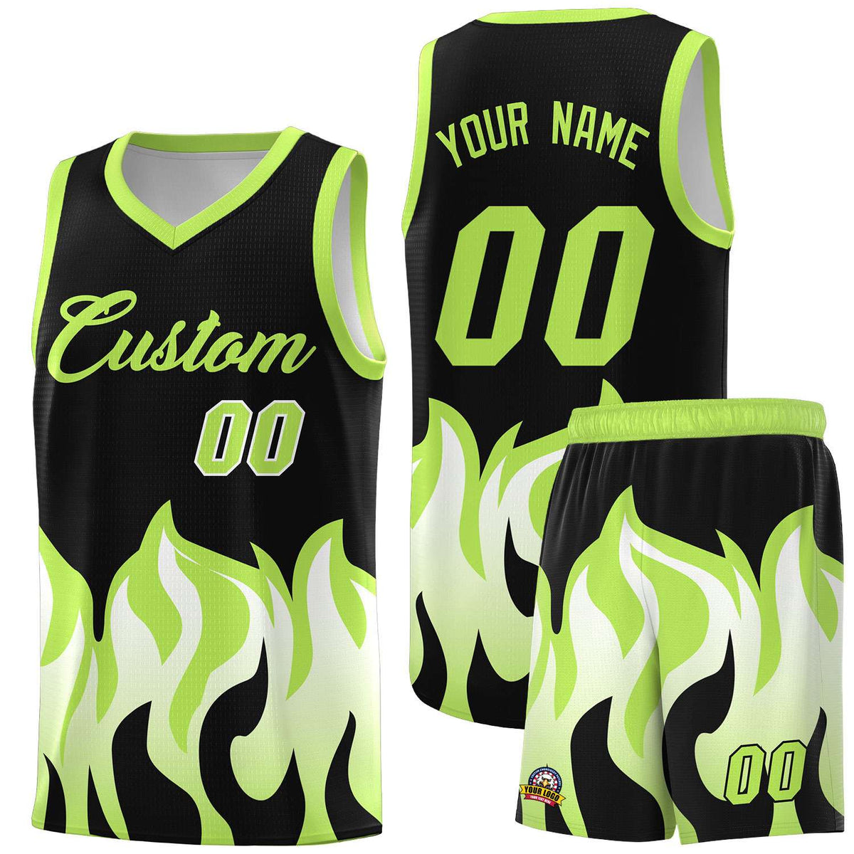 Custom Black Fluorescent Green Hem Flame Pattern Fashion Sports Uniform Basketball Kits