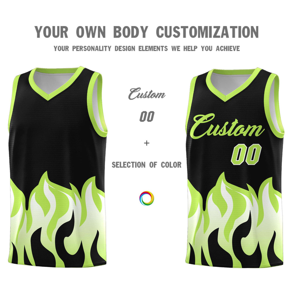 Custom Black Fluorescent Green Hem Flame Pattern Fashion Sports Uniform Basketball Kits