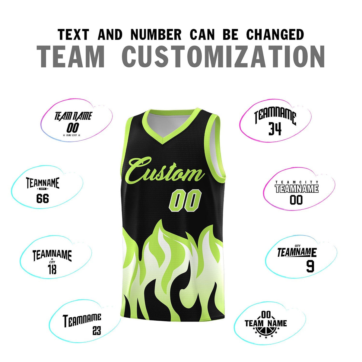 Custom Black Fluorescent Green Hem Flame Pattern Fashion Sports Uniform Basketball Kits