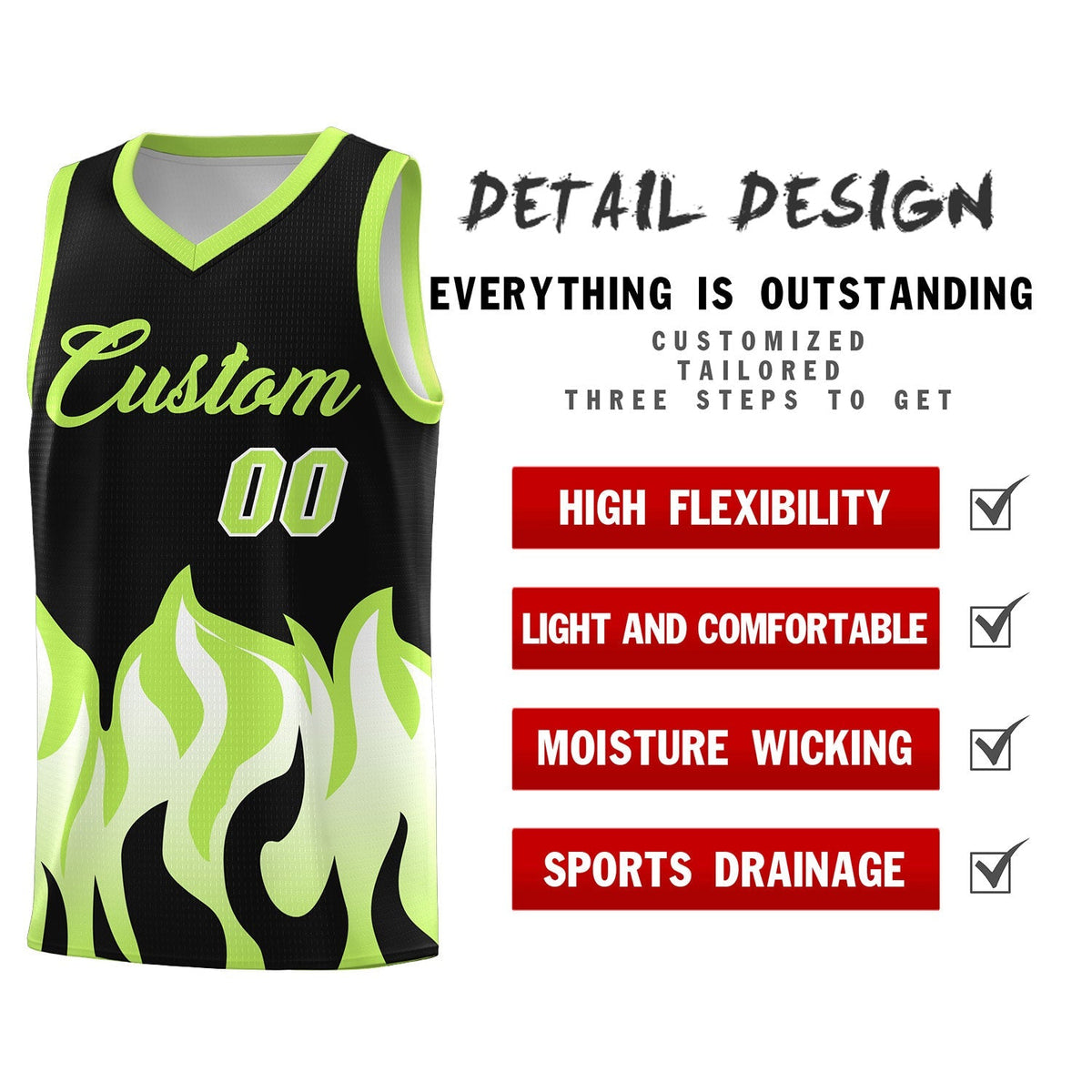 Custom Black Fluorescent Green Hem Flame Pattern Fashion Sports Uniform Basketball Kits