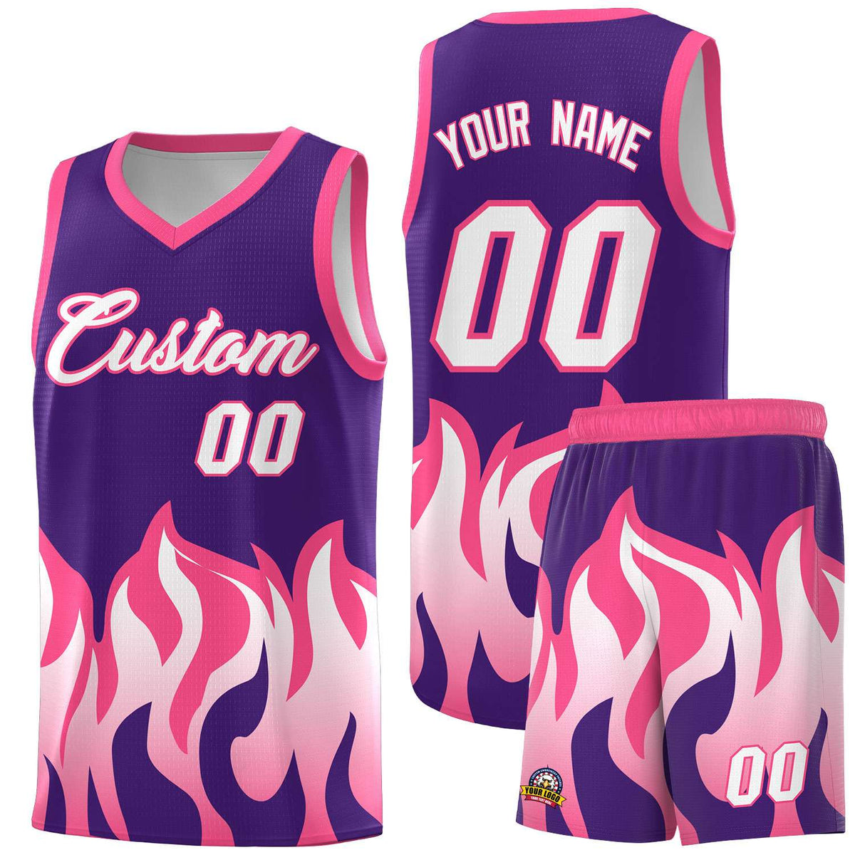 Custom Purple Pink Hem Flame Pattern Fashion Sports Uniform Basketball Kits