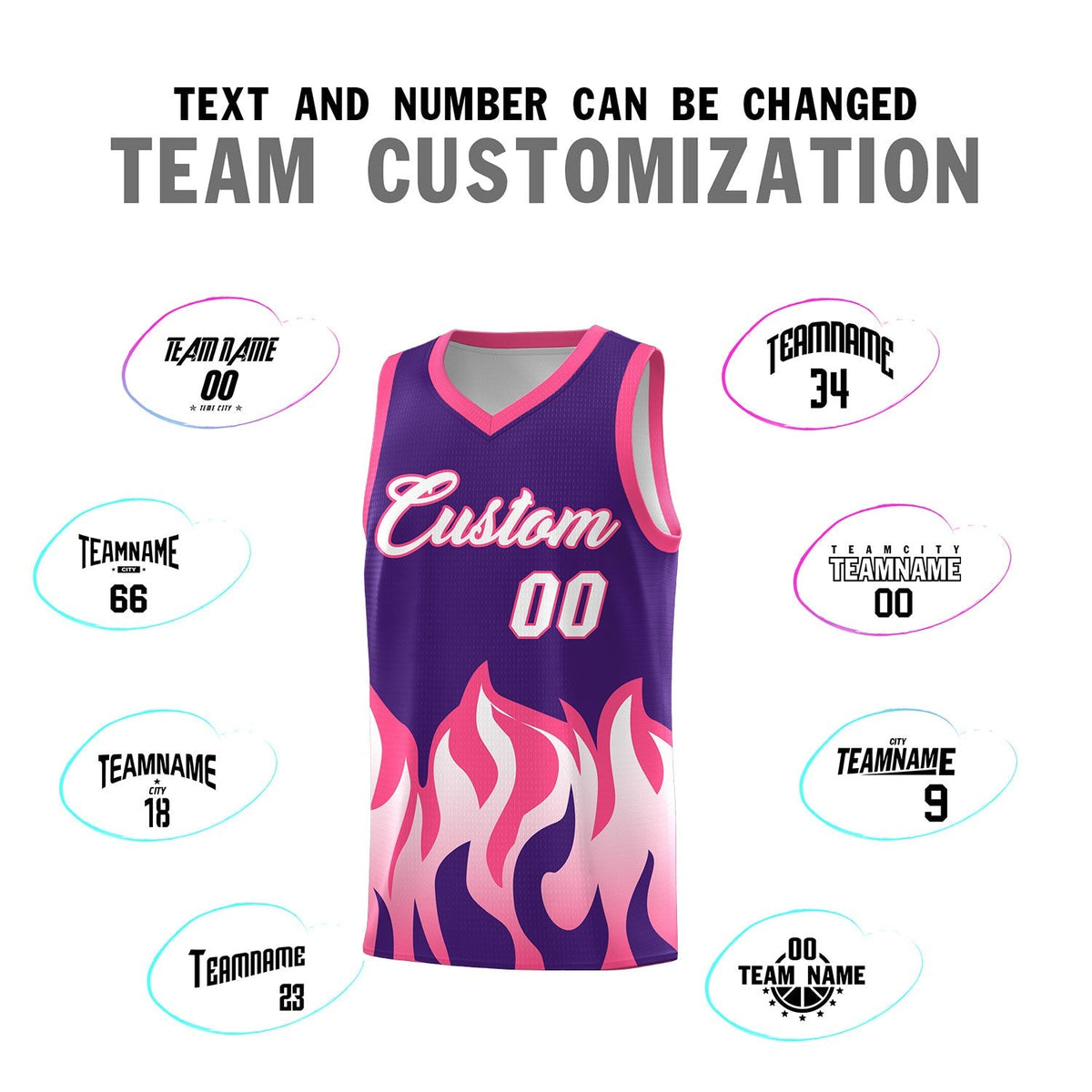 Custom Purple Pink Hem Flame Pattern Fashion Sports Uniform Basketball Kits