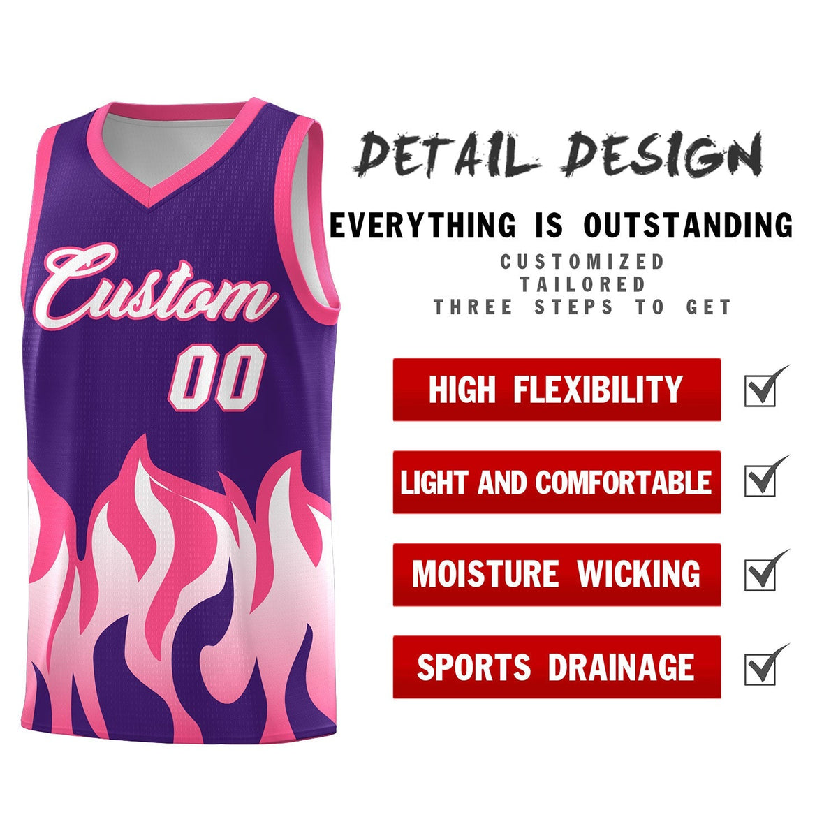 Custom Purple Pink Hem Flame Pattern Fashion Sports Uniform Basketball Kits