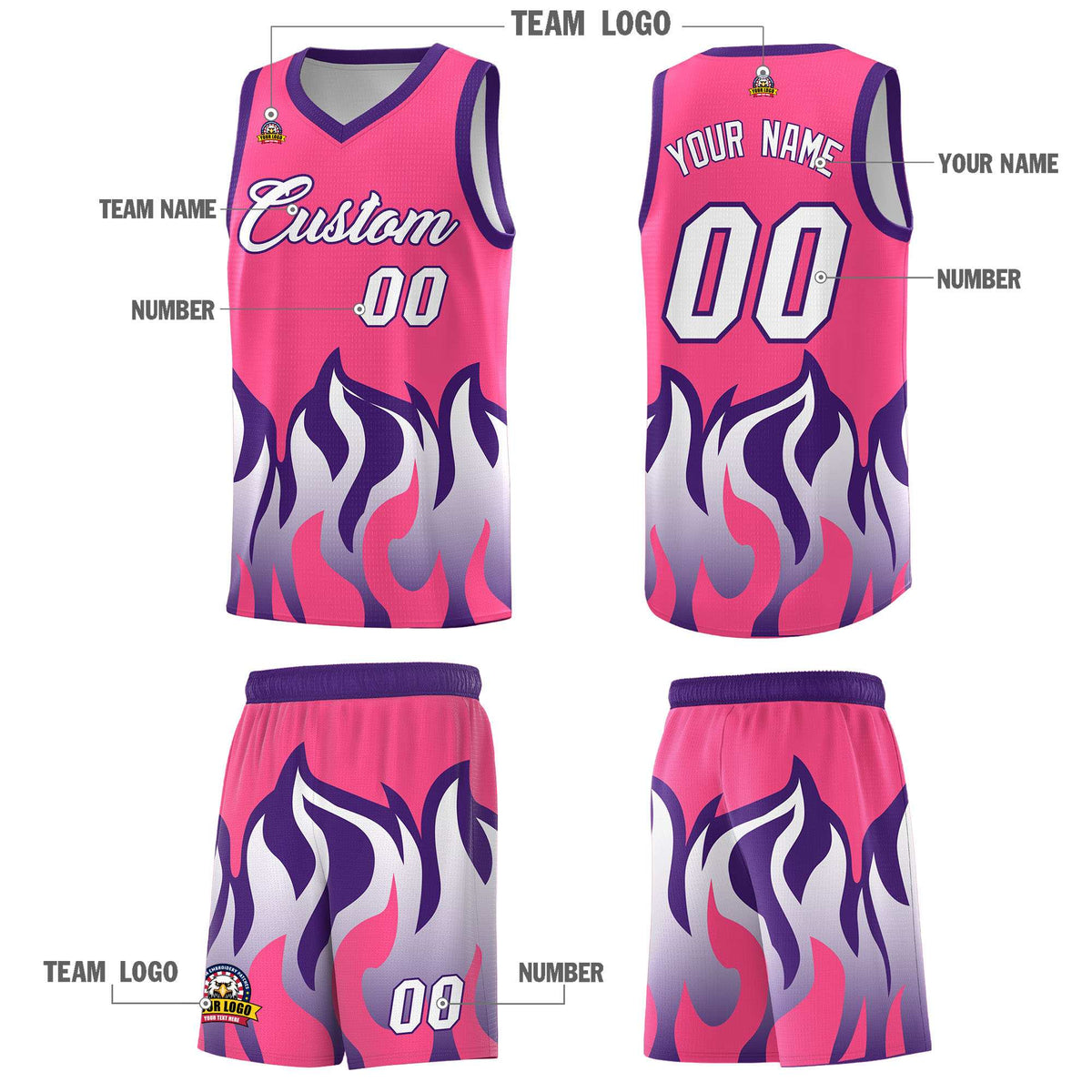 Custom Pink Purple Hem Flame Pattern Fashion Sports Uniform Basketball Kits