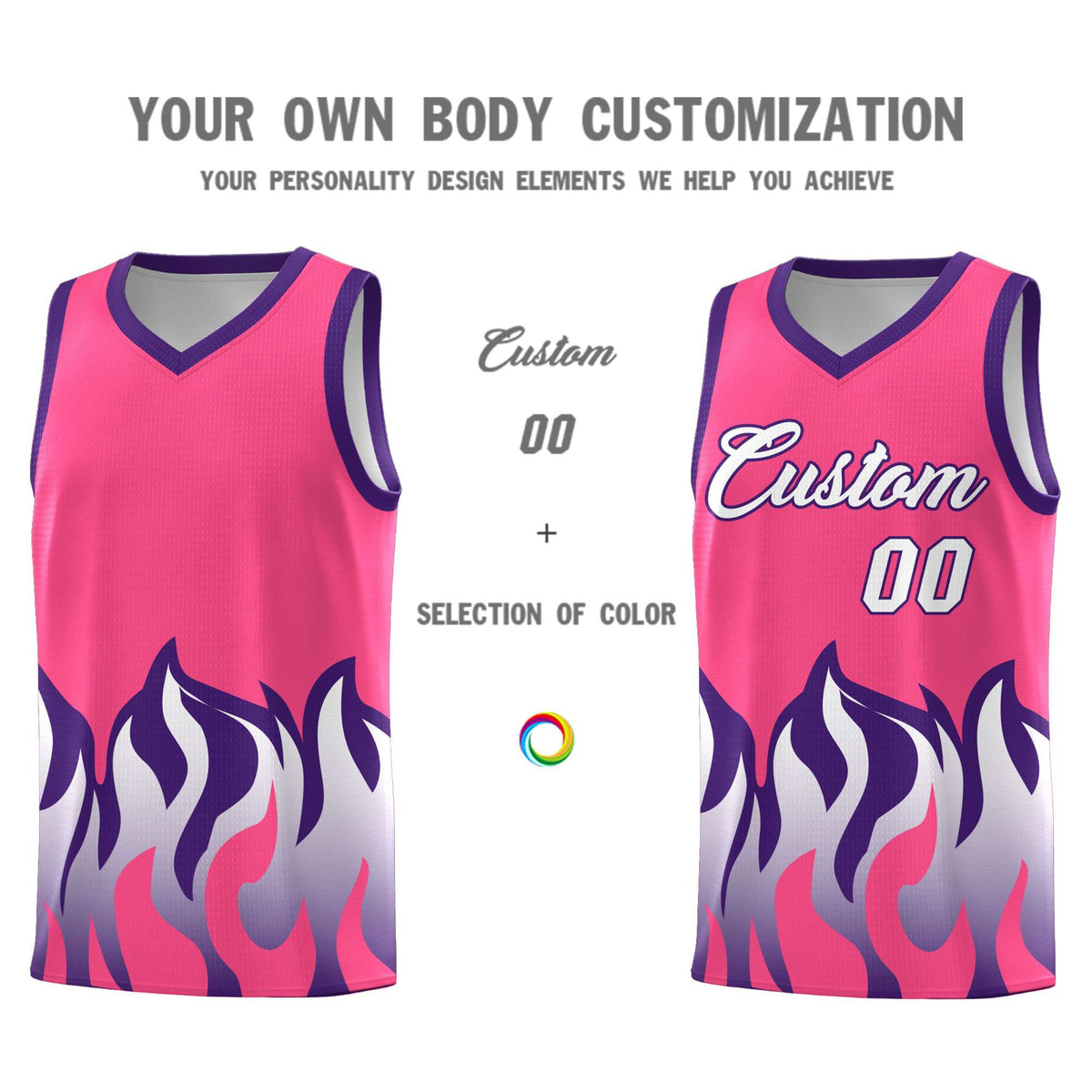 Custom Pink Purple Hem Flame Pattern Fashion Sports Uniform Basketball Kits