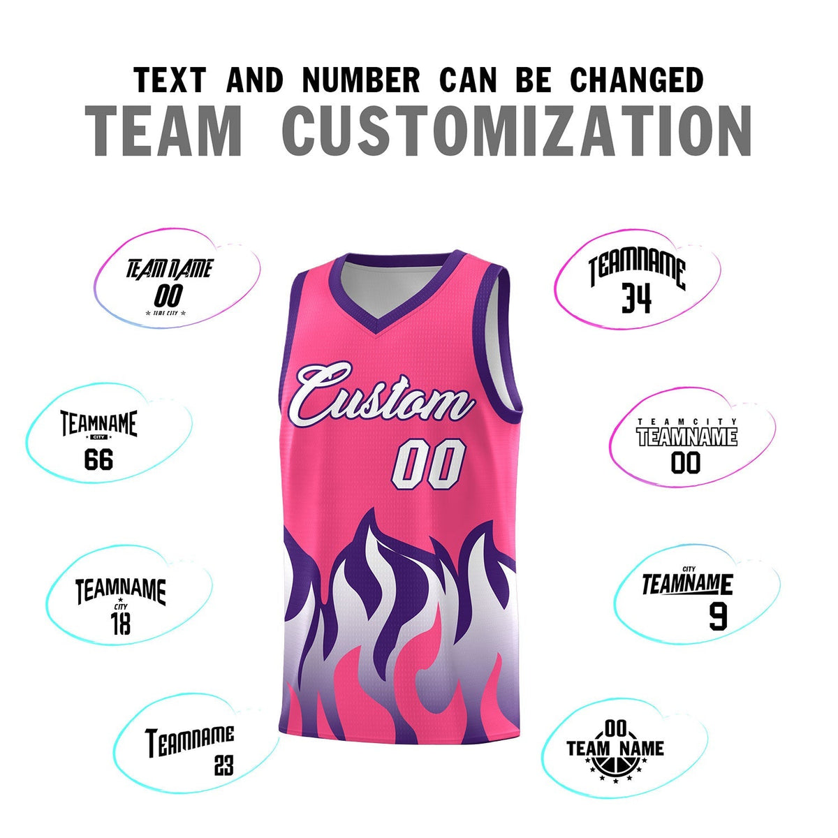 Custom Pink Purple Hem Flame Pattern Fashion Sports Uniform Basketball Kits