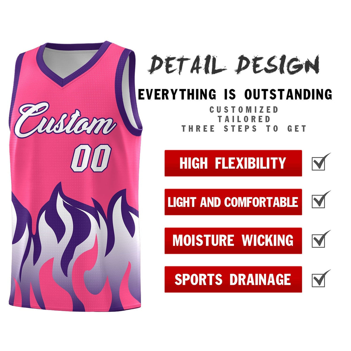 Custom Pink Purple Hem Flame Pattern Fashion Sports Uniform Basketball Kits