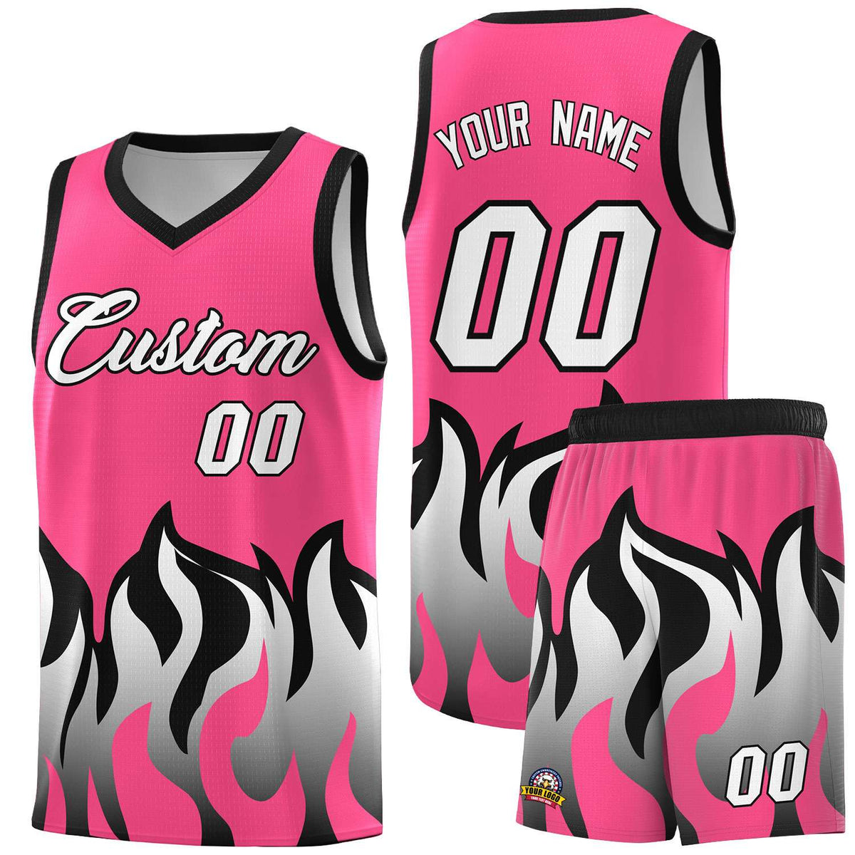 Custom Pink Black Hem Flame Pattern Fashion Sports Uniform Basketball Kits