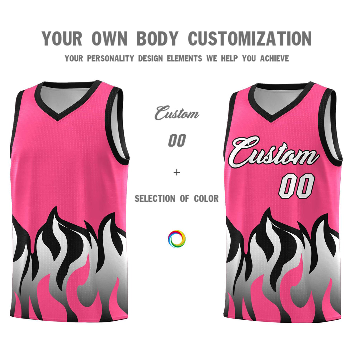 Custom Pink Black Hem Flame Pattern Fashion Sports Uniform Basketball Kits