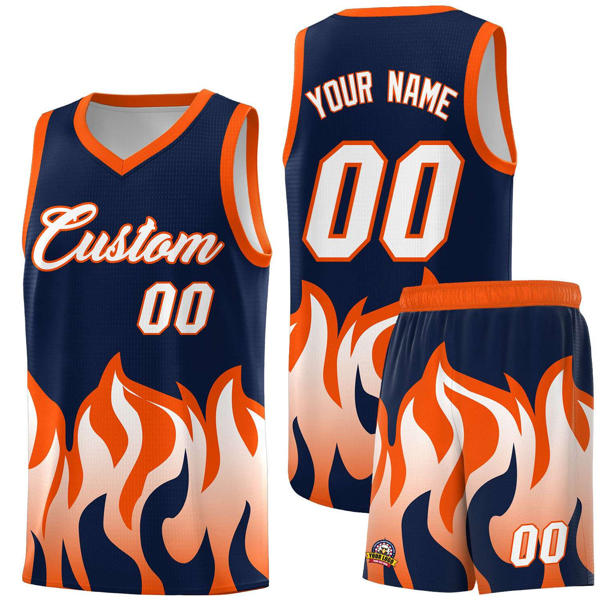 Custom Navy Orange Hem Flame Pattern Fashion Sports Uniform Basketball Kits