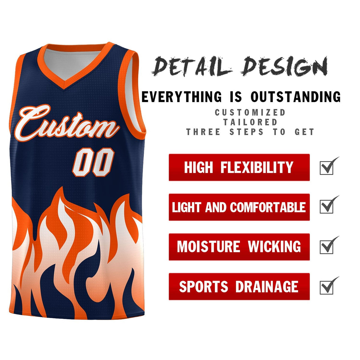 Custom Navy Orange Hem Flame Pattern Fashion Sports Uniform Basketball Kits