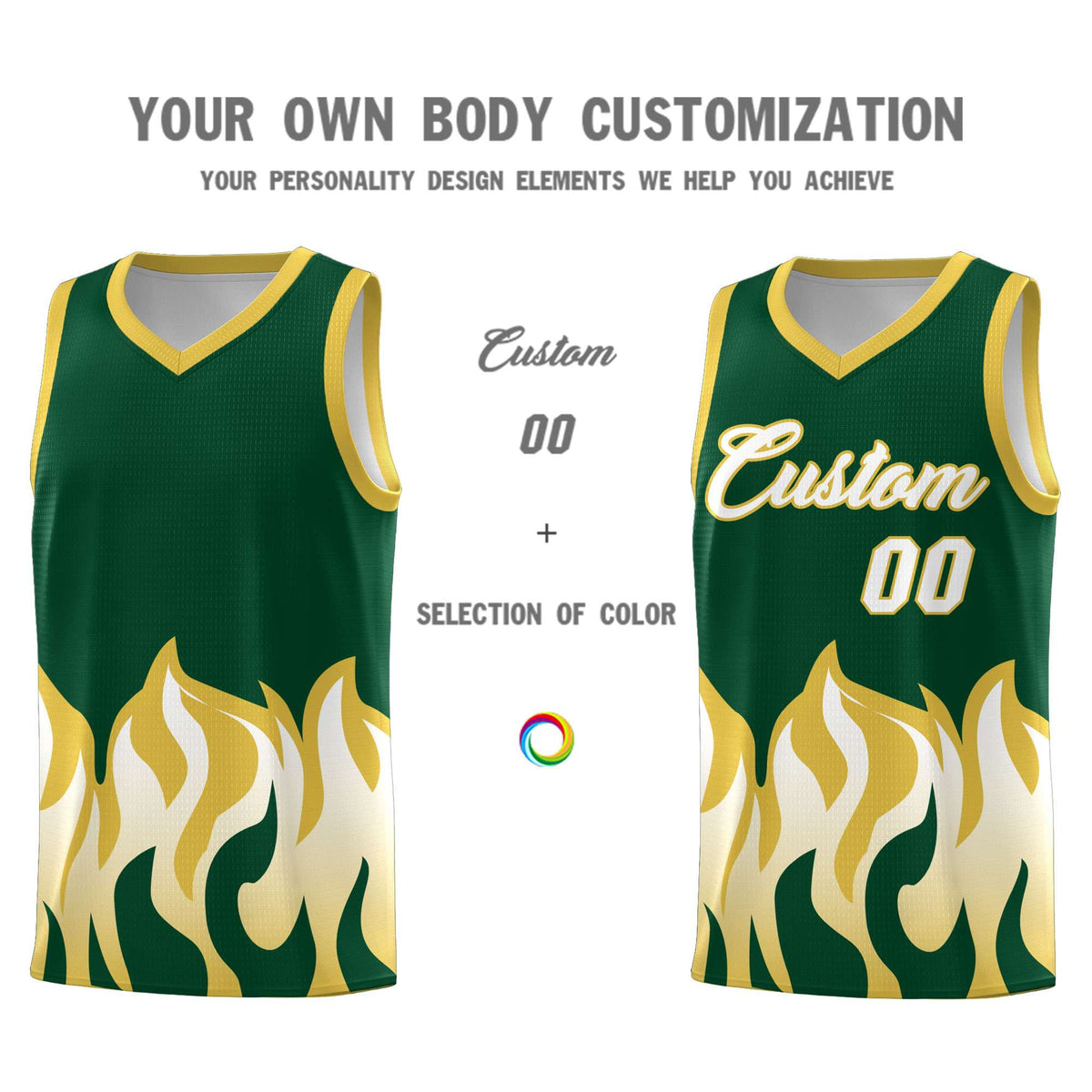 Custom Kelly Green Old Gold Hem Flame Pattern Fashion Sports Uniform Basketball Kits