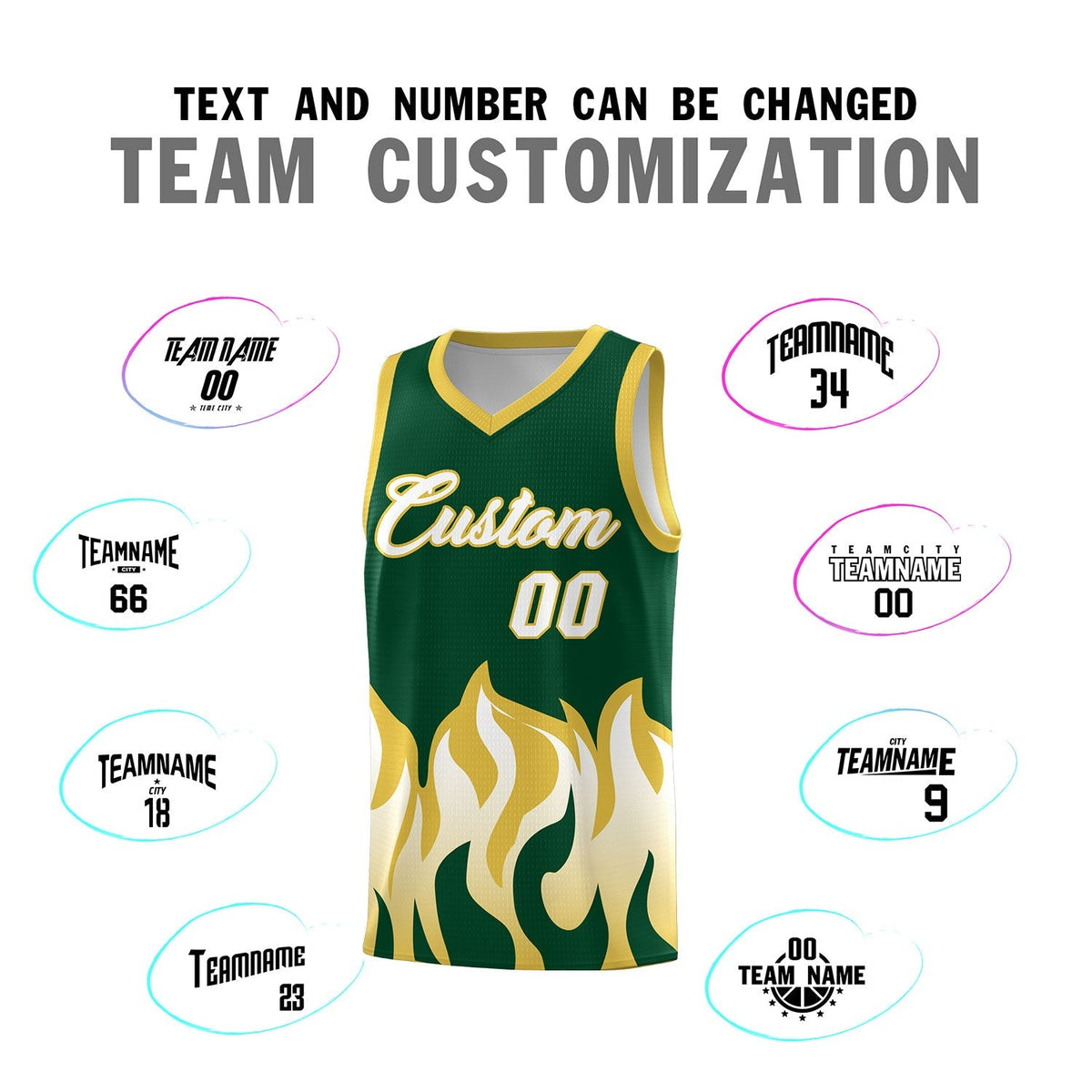 Custom Kelly Green Old Gold Hem Flame Pattern Fashion Sports Uniform Basketball Kits