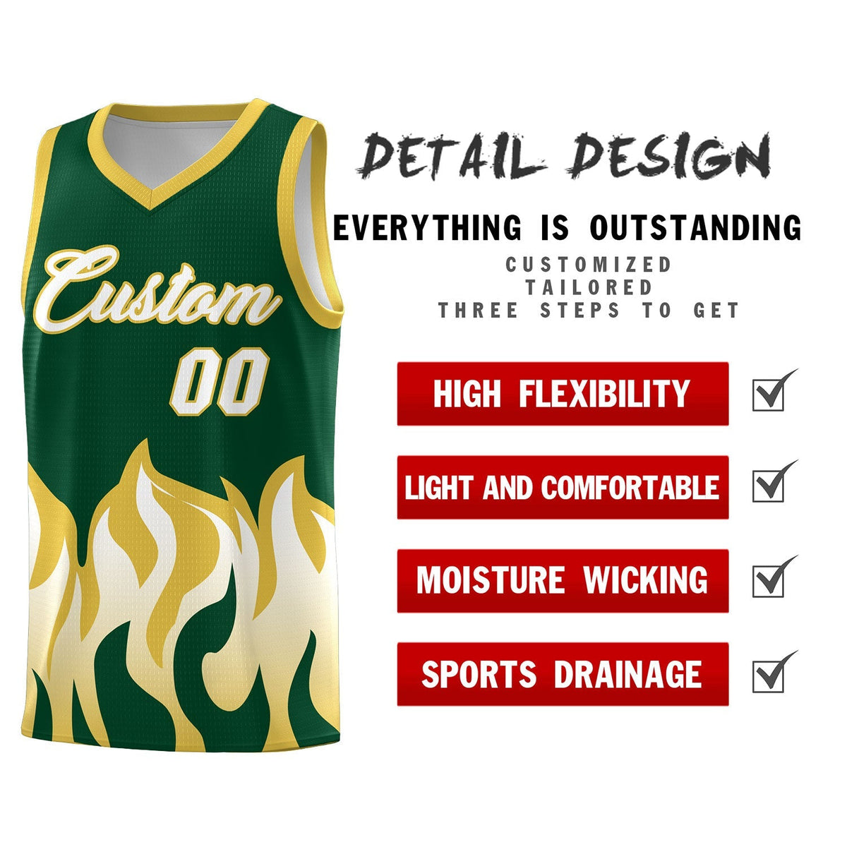 Custom Kelly Green Old Gold Hem Flame Pattern Fashion Sports Uniform Basketball Kits