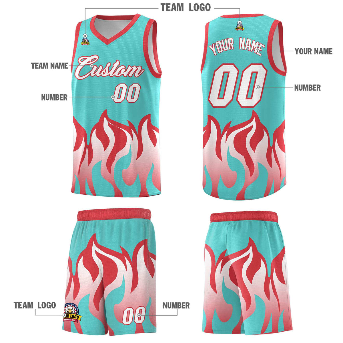 Custom Bright Green Light Red Hem Flame Pattern Fashion Sports Uniform Basketball Kits