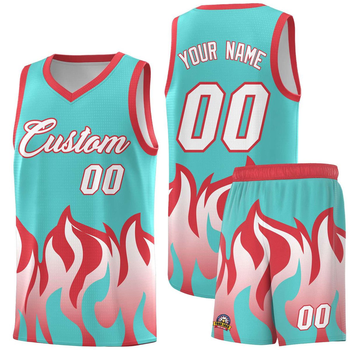 Custom Bright Green Light Red Hem Flame Pattern Fashion Sports Uniform Basketball Kits
