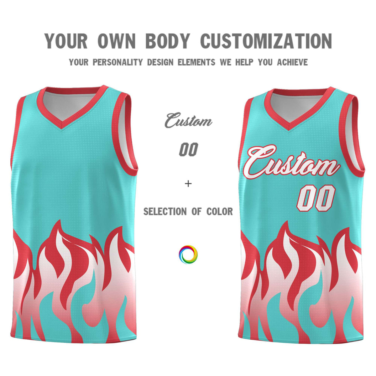 Custom Bright Green Light Red Hem Flame Pattern Fashion Sports Uniform Basketball Kits