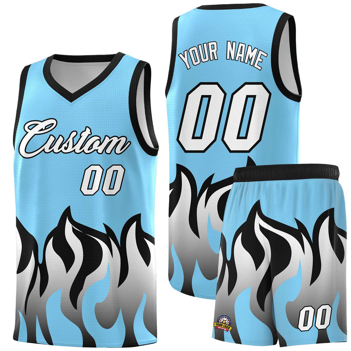 Custom Light Blue Black Hem Flame Pattern Fashion Sports Uniform Basketball Kits