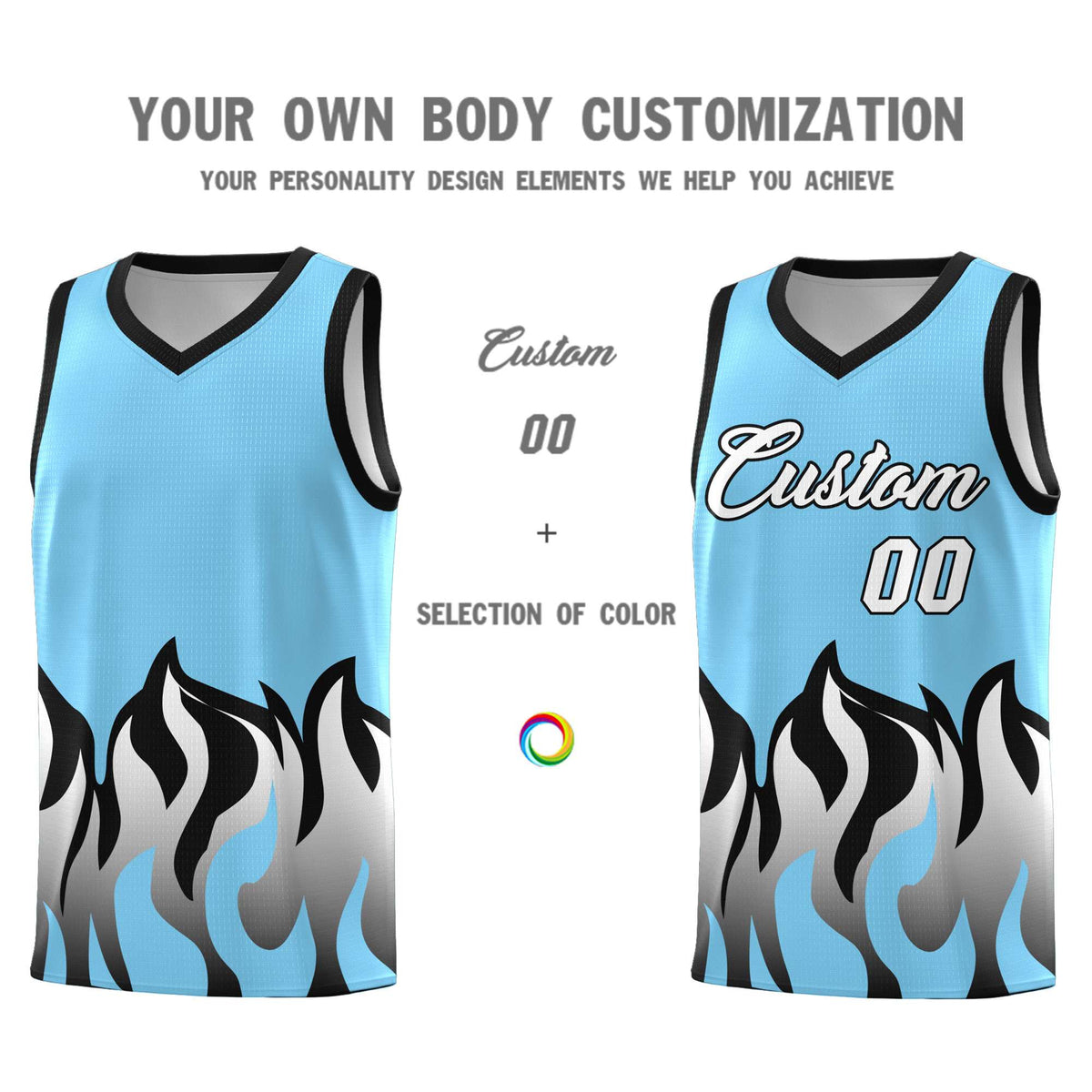 Custom Light Blue Black Hem Flame Pattern Fashion Sports Uniform Basketball Kits