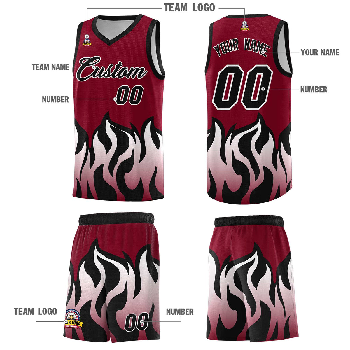 Custom Crimson Black Hem Flame Pattern Fashion Sports Uniform Basketball Kits