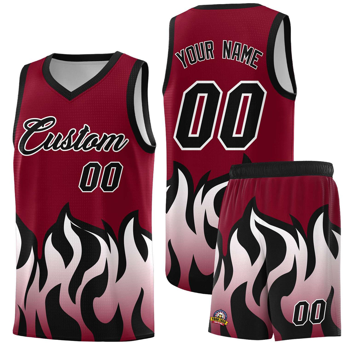 Custom Crimson Black Hem Flame Pattern Fashion Sports Uniform Basketball Kits