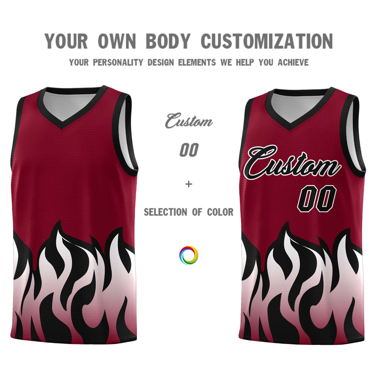 Custom Crimson Black Hem Flame Pattern Fashion Sports Uniform Basketball Kits
