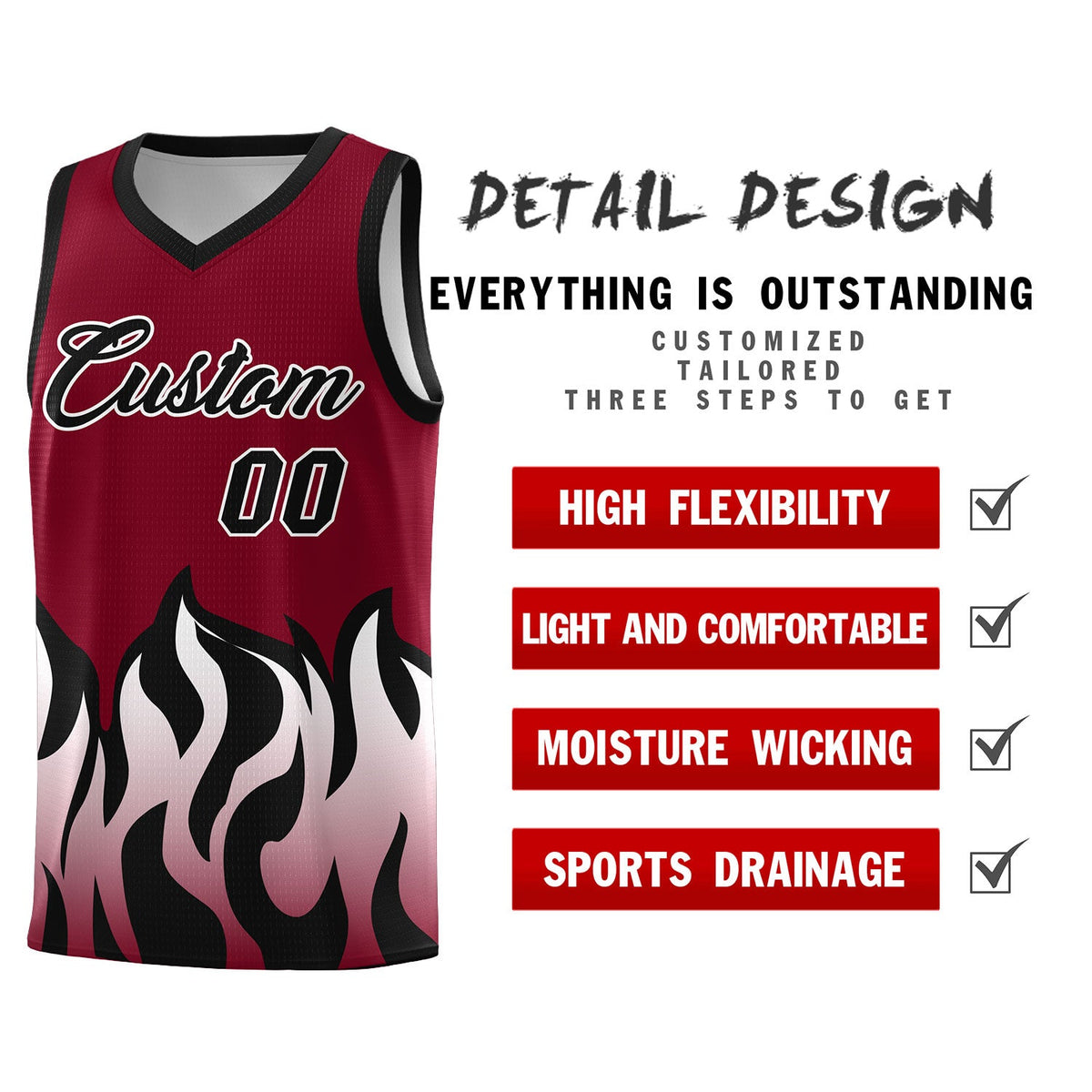 Custom Crimson Black Hem Flame Pattern Fashion Sports Uniform Basketball Kits