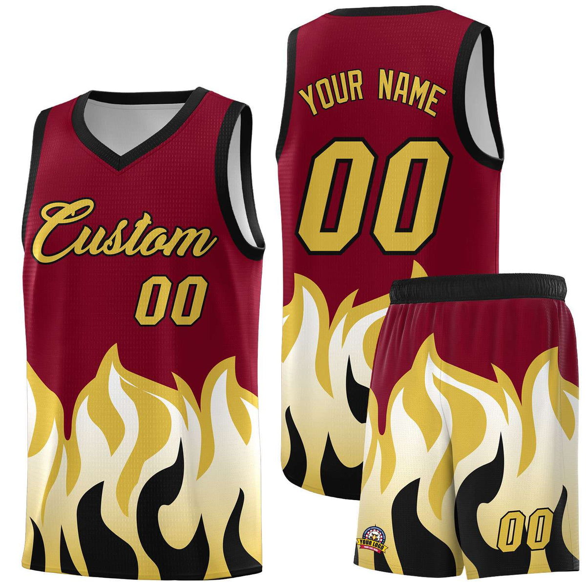 Custom Crimson Old Gold Hem Flame Pattern Fashion Sports Uniform Basketball Kits