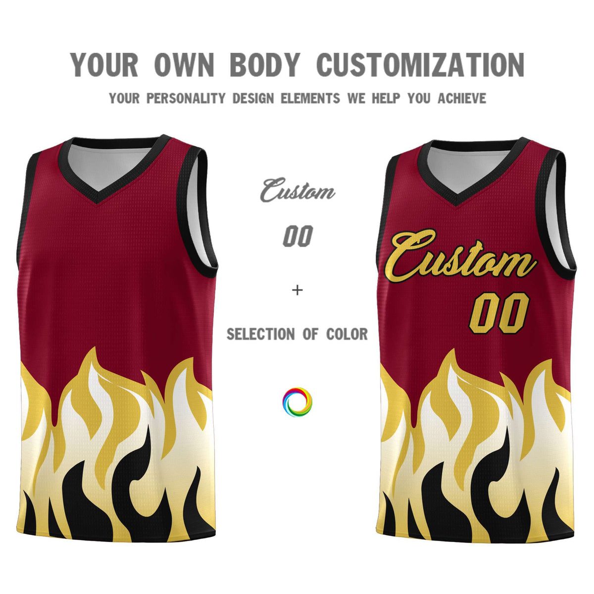 Custom Crimson Old Gold Hem Flame Pattern Fashion Sports Uniform Basketball Kits