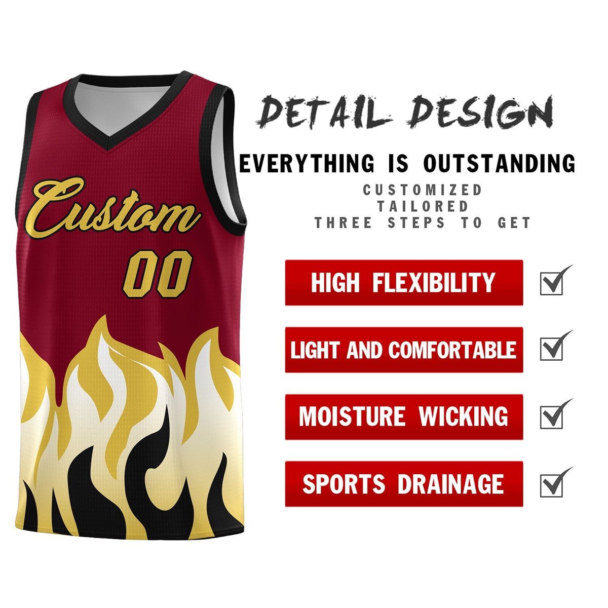 Custom Crimson Old Gold Hem Flame Pattern Fashion Sports Uniform Basketball Kits