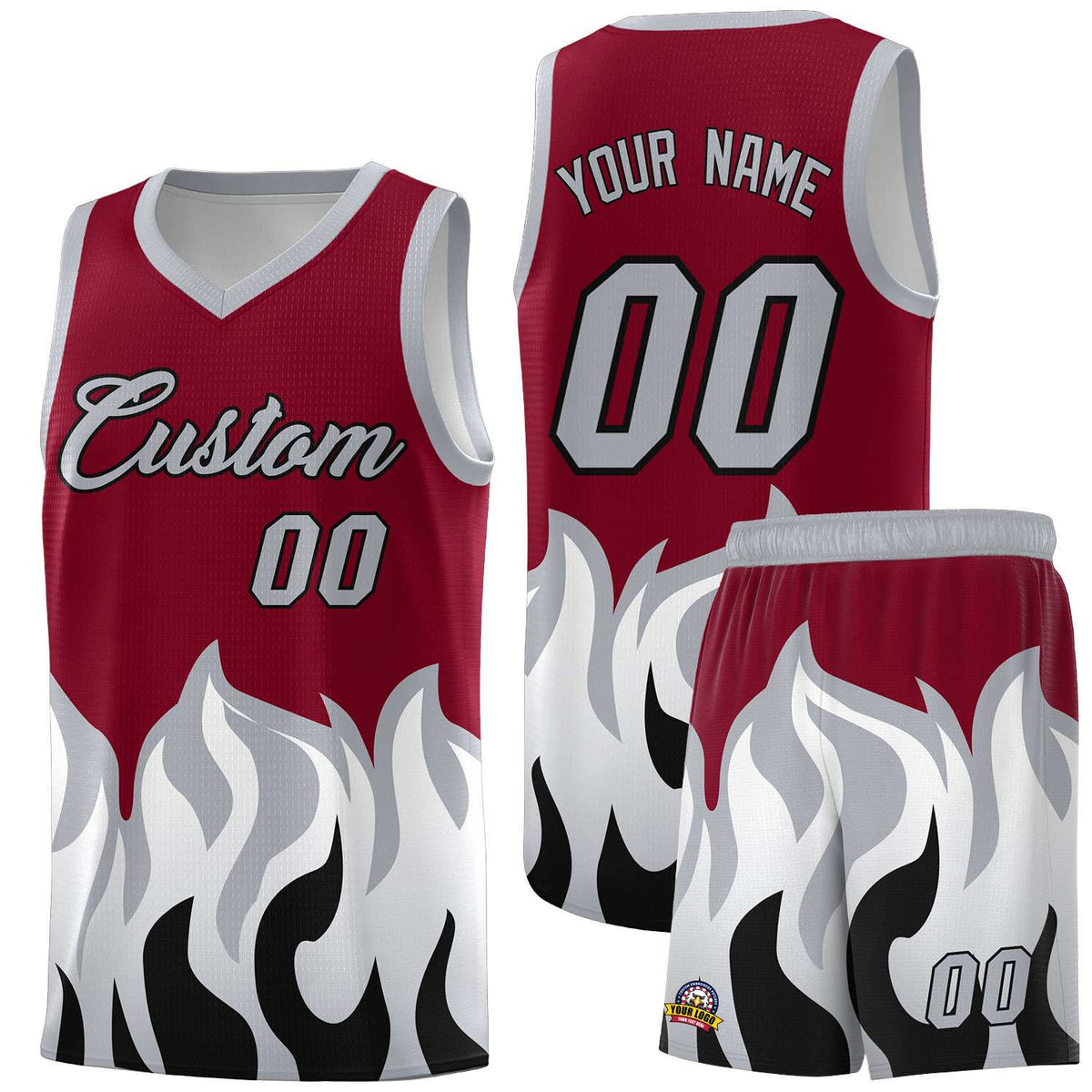 Custom Crimson Gray Hem Flame Pattern Fashion Sports Uniform Basketball Kits